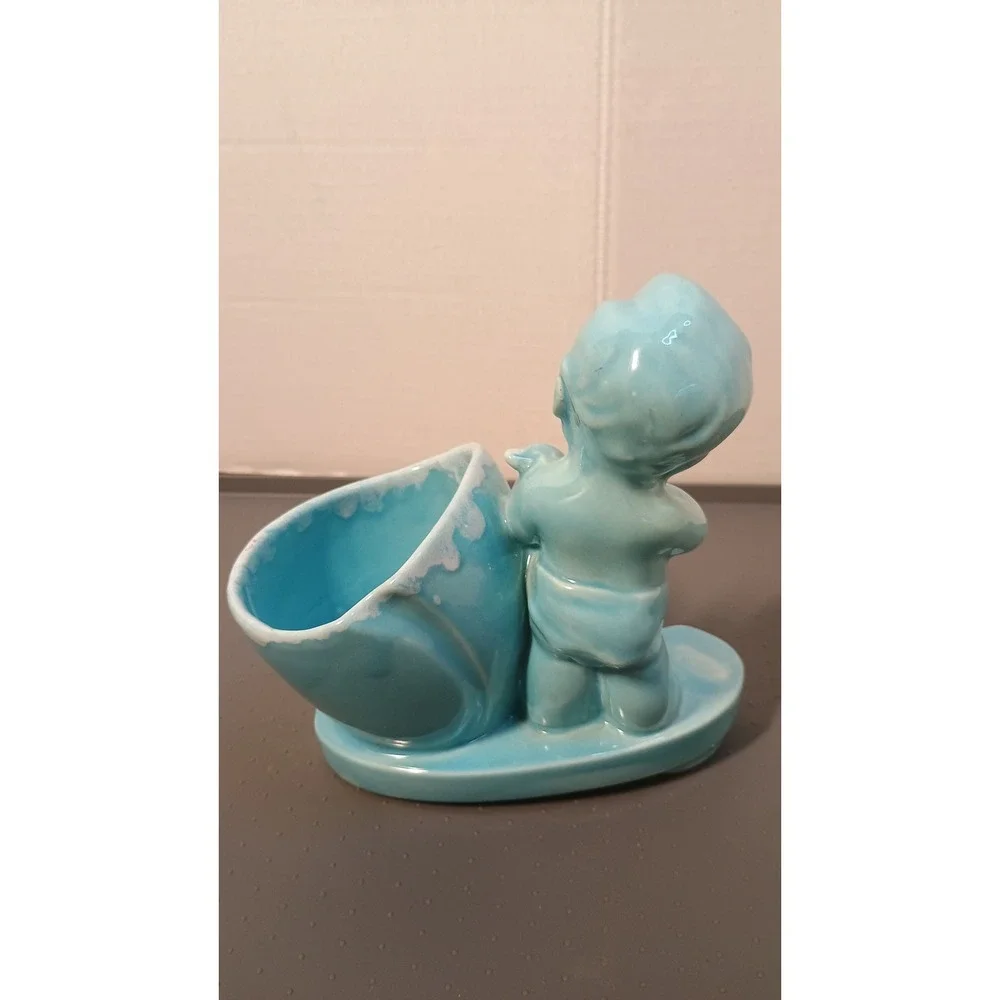 Vintage Ceramic Boy with Bunny Planter Nursery Blue White Excellent Mid Century
